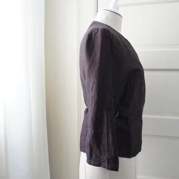 Dark Purple 100% Raw Silk Peplum Belted V Neck Top Size Small - Picture 11 of 12